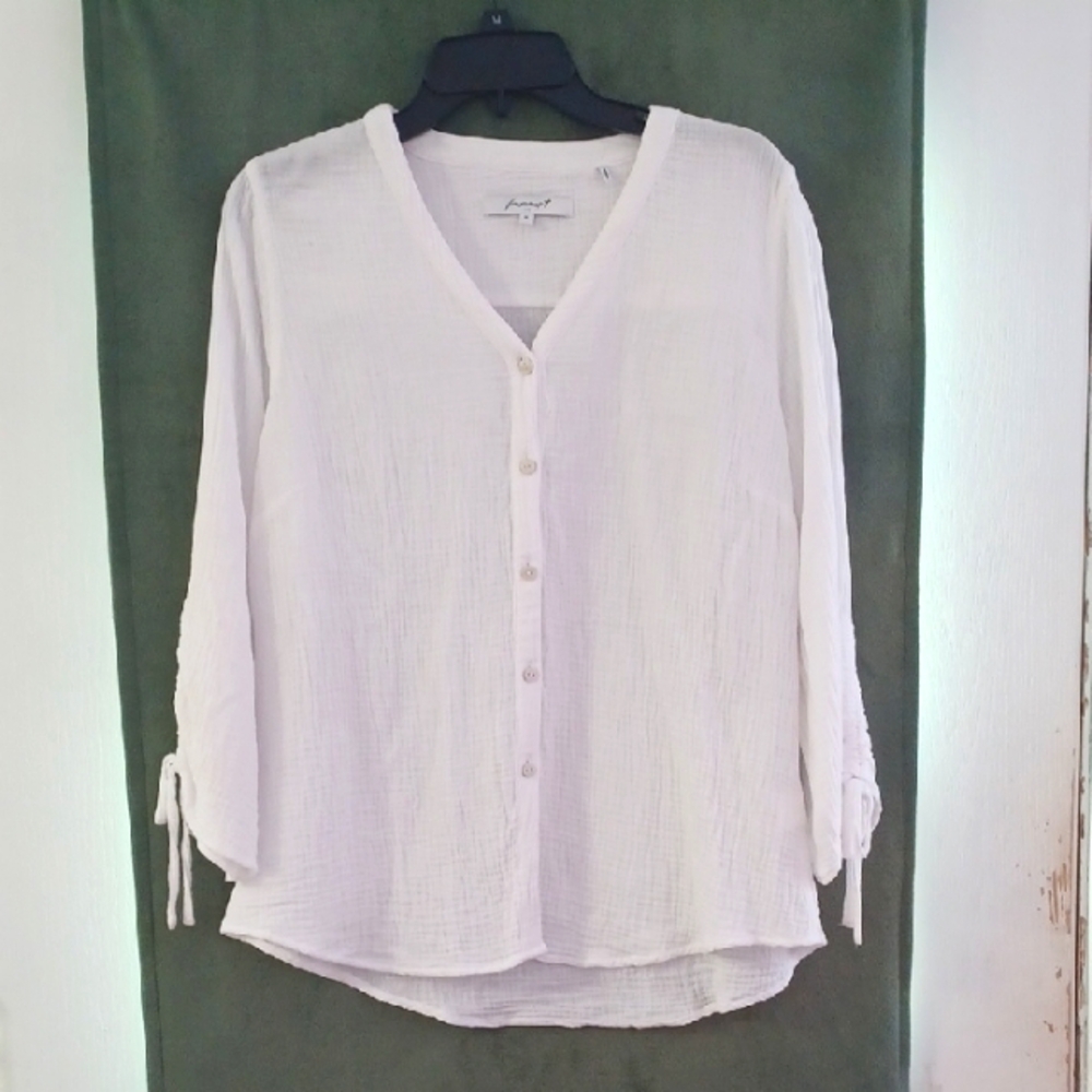 Foxcroft White 3/4 Sleeve Button Down Blouse Cotton Muslin WM EUC